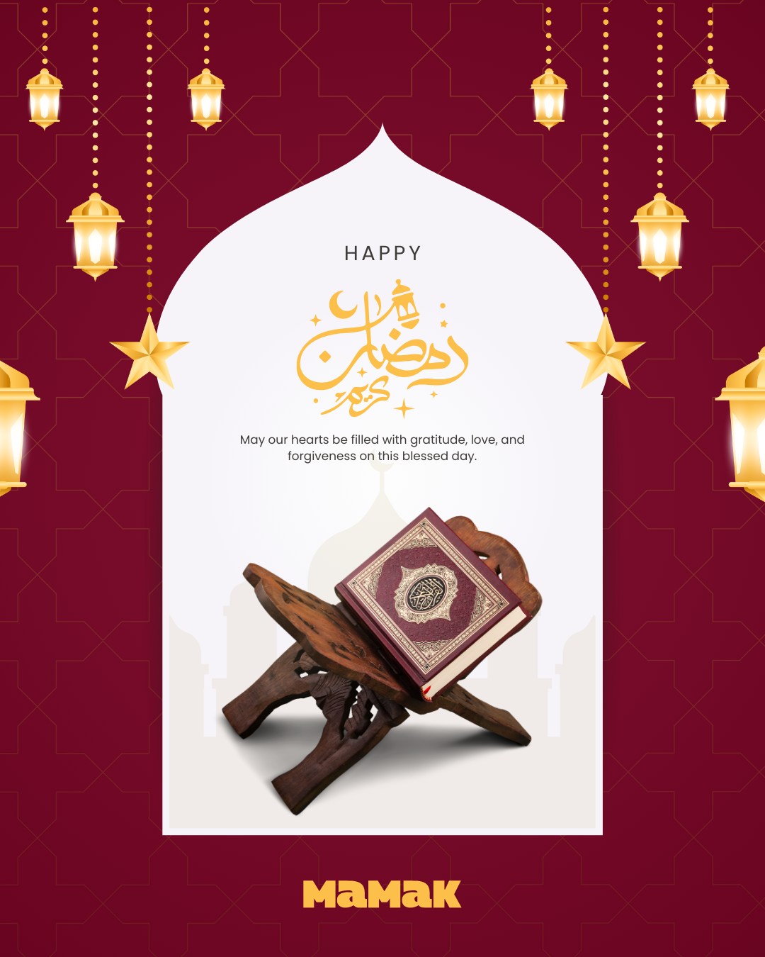 Mamak: Ramadan greeting framed by lanterns and the Quran