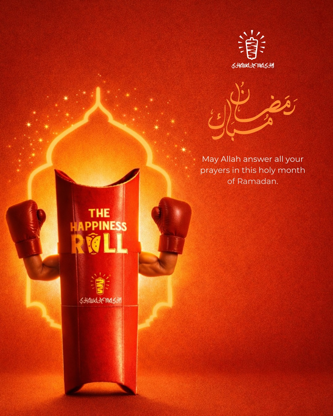 Shawarmashi: Ramadan Mubarak greeting with the Happiness Roll mascot