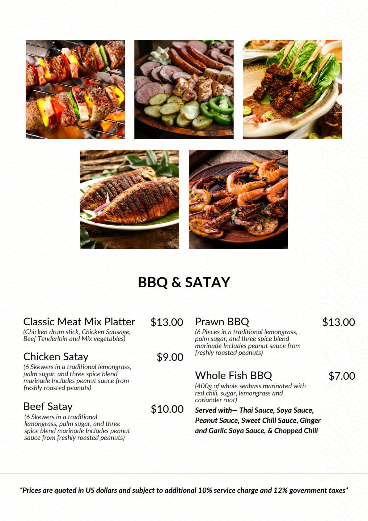 Aire Dharavandhoo Menu page 10: BBQ and satay