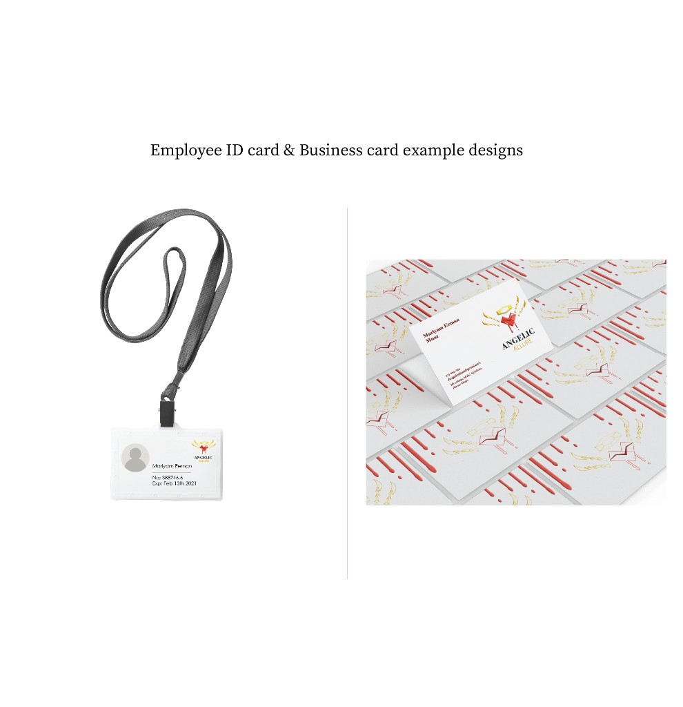 Angelic Allure: brand book page 7: Employee ID card and patterned business card applications.