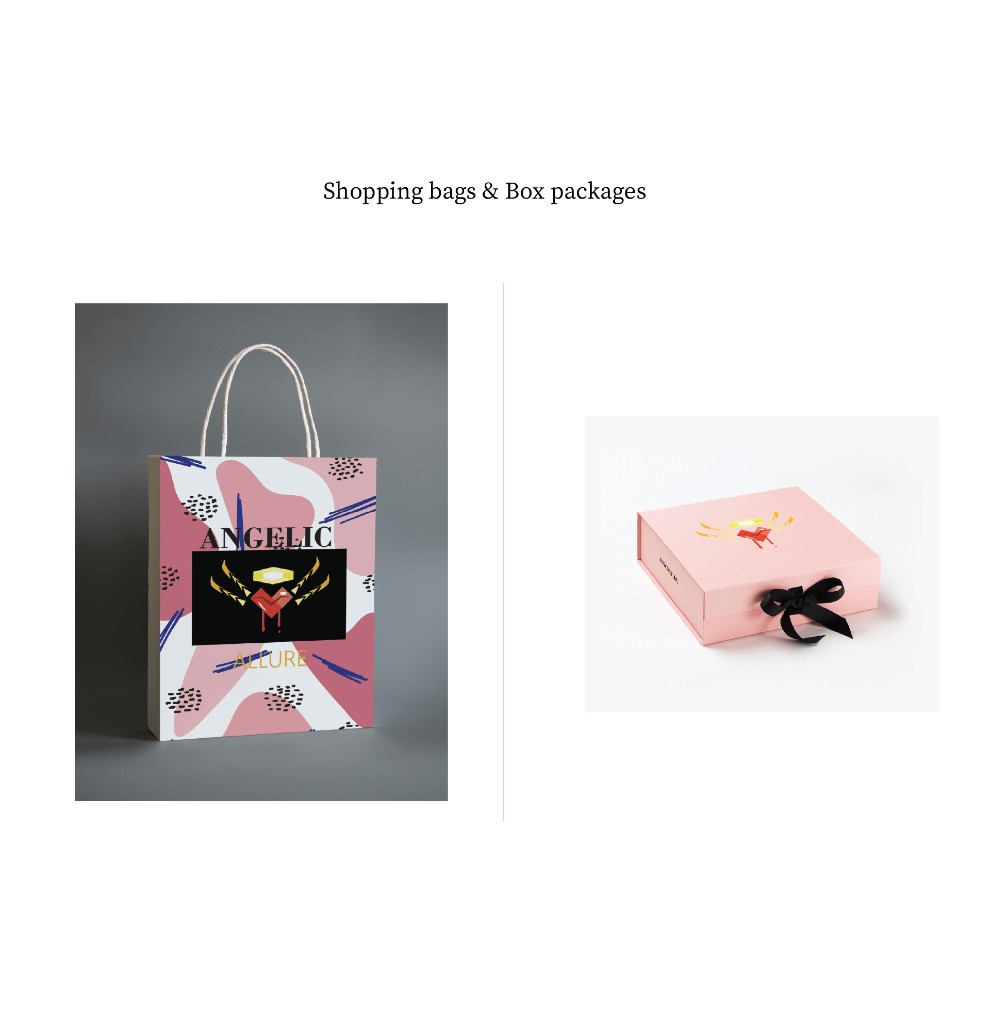 Angelic Allure: brand book page 8: Retail collateral: patterned shopping bag and a soft pink gift box.