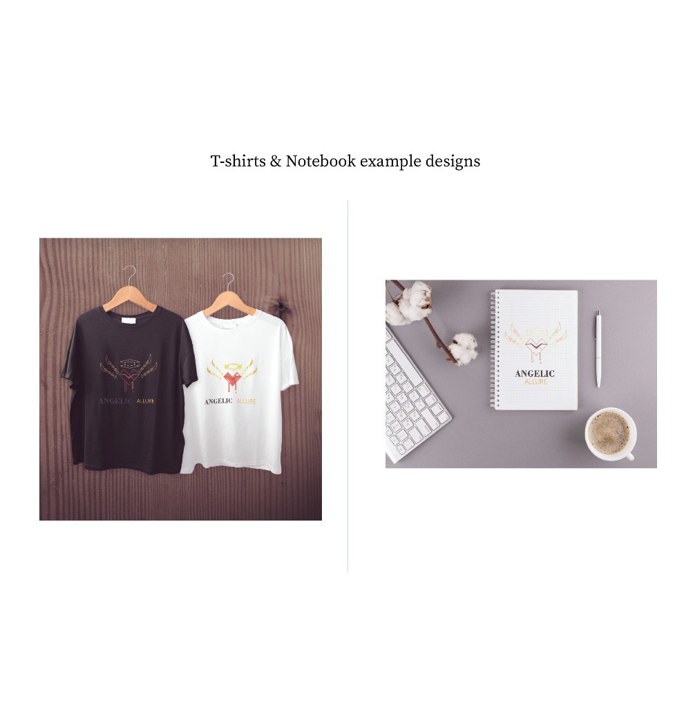 Angelic Allure: brand book page 9: Merch: branded t-shirts in dark and light, plus a notebook for the desk.