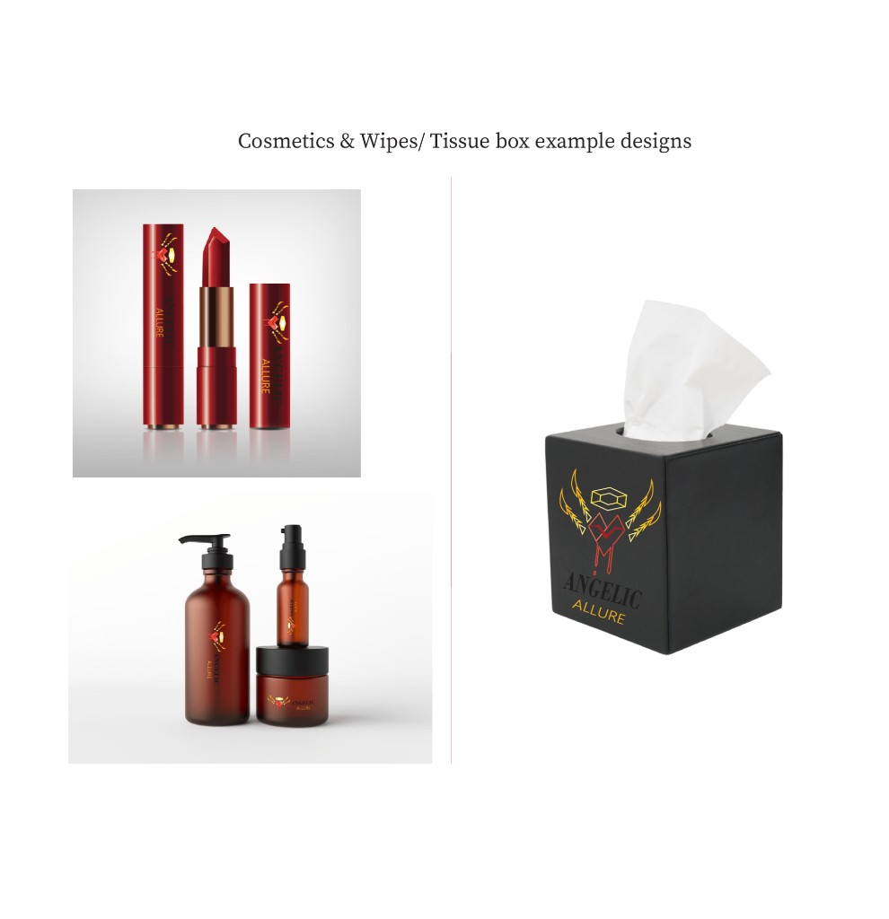 Angelic Allure: brand book page 10: Cosmetics packaging: lipstick, skincare bottles and a branded tissue box.