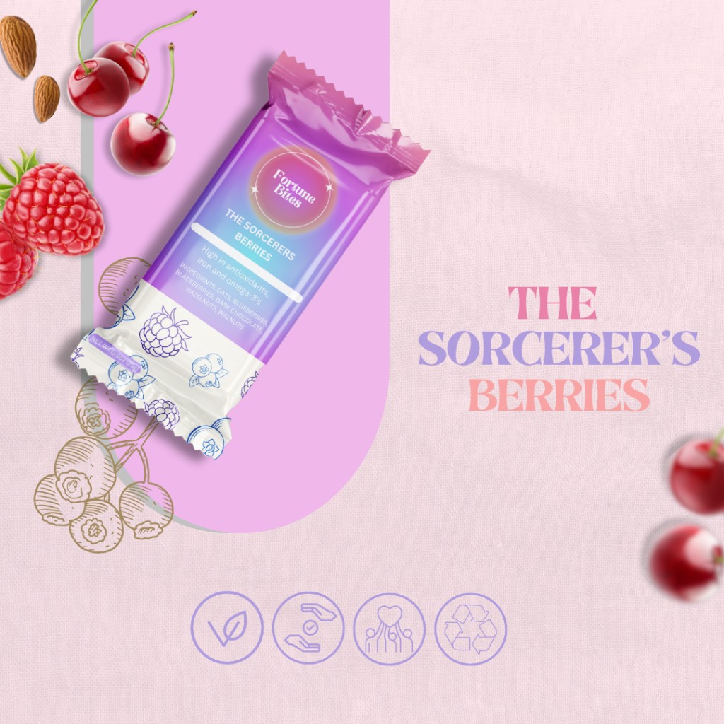 Fortune Bites: brand & product deck page 8: The Sorcerer's Berries: antioxidants, iron and omega-3s from blueberries, blackberries and dark chocolate.